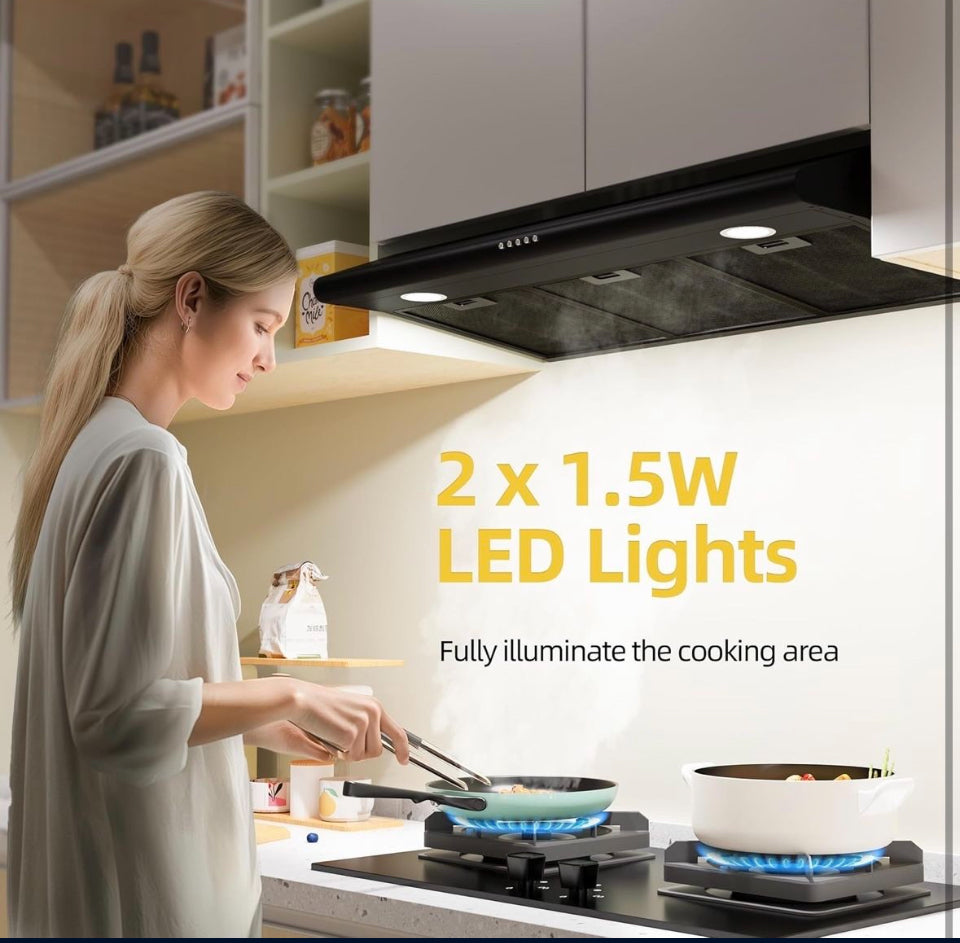 Open Box FIREGAS 36 Inch Black Under Cabinet Range Hood, 200 CFM Ducted/Ductless Convertible Kitchen Hood with 3-Speed Stove Vent Fan, LED Lights, Alu