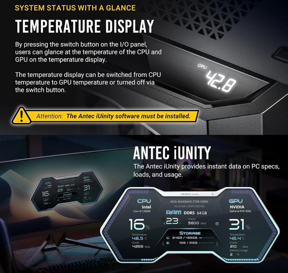 Antec Performance 1 FT, Full Tower, RTX40 Fully Compatible, Temp Display, 4 x Storm T3 PWM Fans, Type-C, Dual TG Side Panels, Removable Top Bracket, High Airflow Mesh Front Panel, E-ATX PC Gaming Case