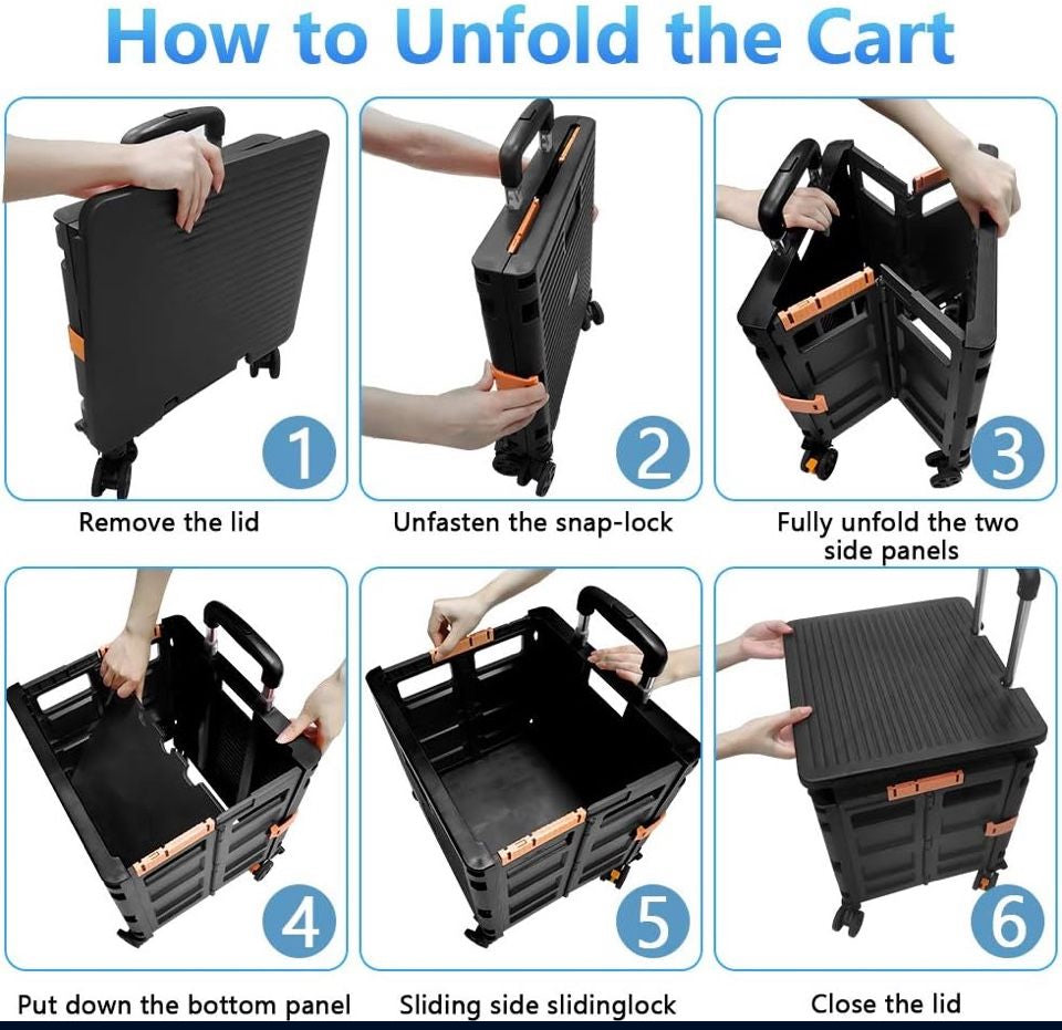 Open Box FELICON Foldable Utility Cart Folding Portable Rolling Crate Handcart with Durable Heavy Duty Plastic Telescoping Handle Collapsible 4 Rotate Wheels for Travel Shop
Moving Luggage Office Use (Black)