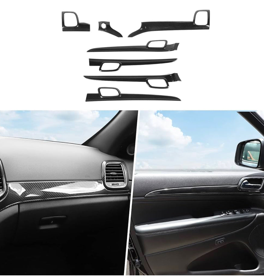 Carbon fiber dashboard panel trim and door handle cover kits for Jeep Grand Cherokee 2011-2020 interior upgrade