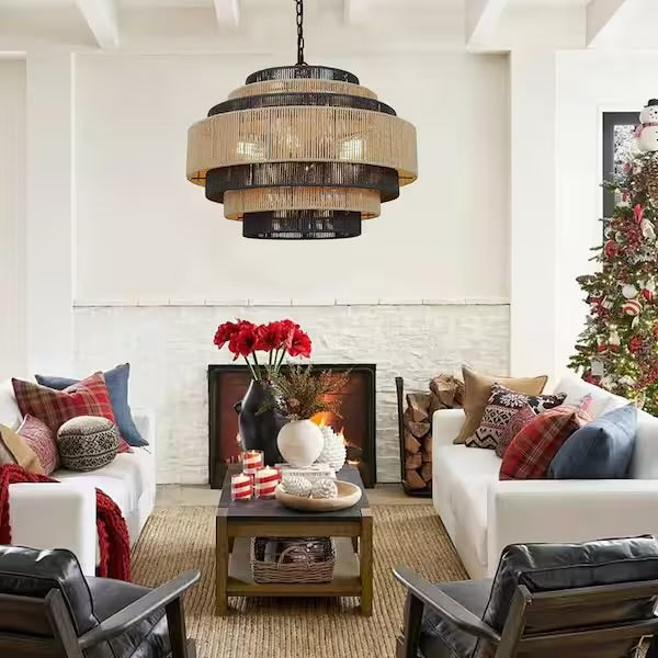 Open Box Prime Ray Luster Boho 24 in. 6-Light 7-Tier Hand Woven Rattan Pendant Chandelier Light with Large Shade and Black Finish