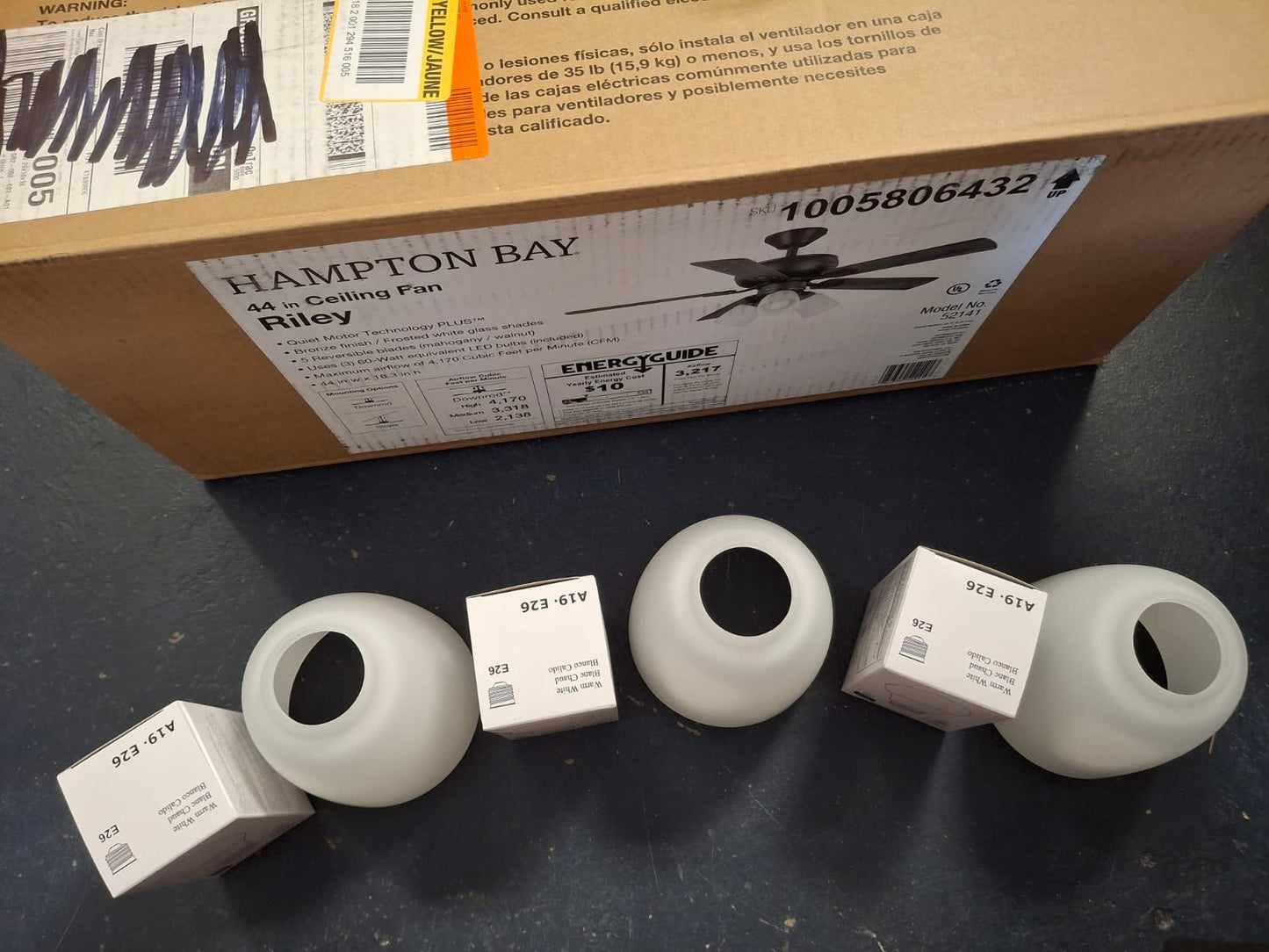 Open Box Hampton Bay Riley 44 in. Indoor LED Bronze Dry Rated Downrod Ceiling Fan with 5 Reversible Blades, Light Kit and Remote Control