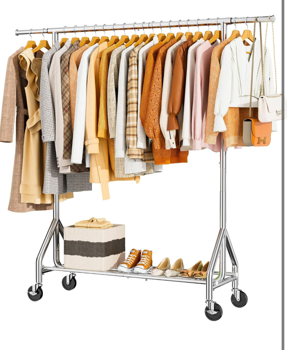 Open Box HYSEYY Heavy Duty Clothes Rack Load 450 LBS, Metal Garment Rack, Standing Rolling Clothing Rack for Hanging Clothes with Sturdy Wheels & Shel