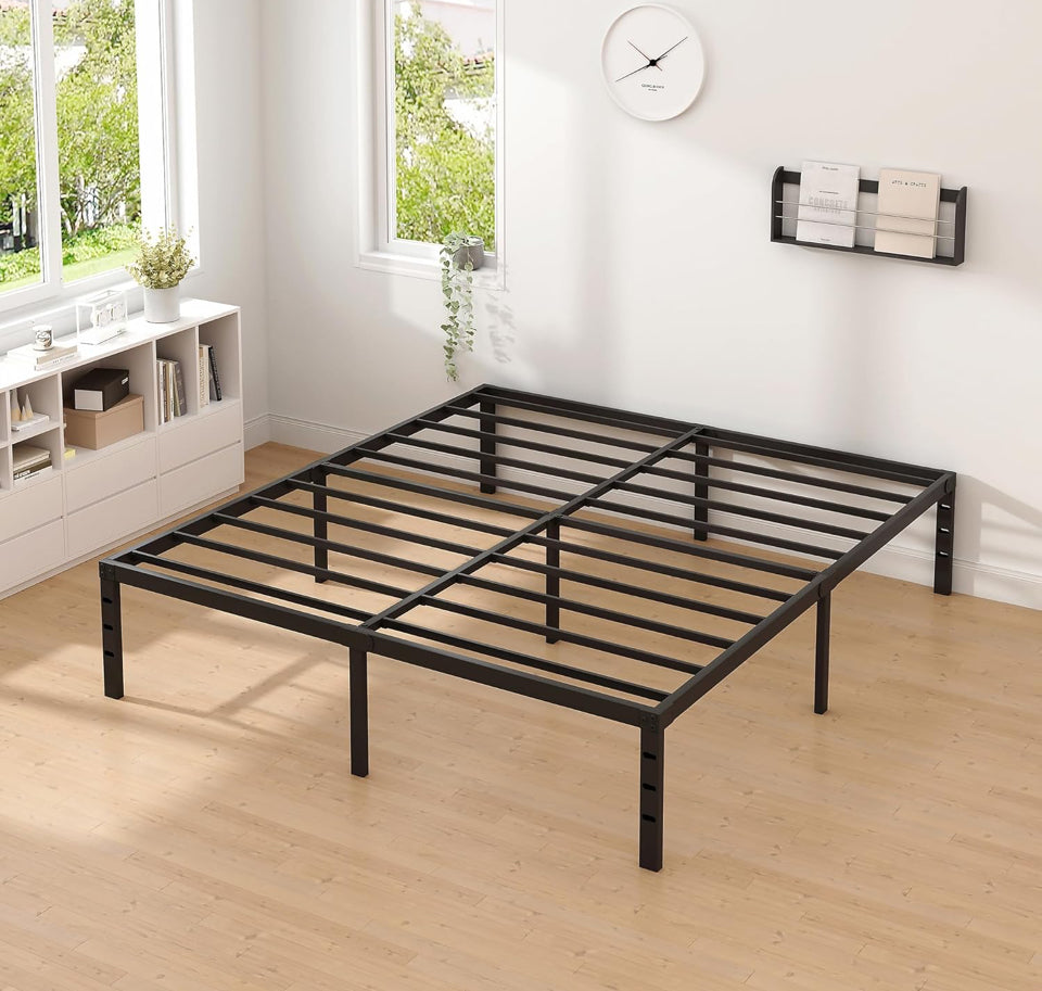 JETO Metal Bed Frame,King Size Bed Frame with Storage Space,Heavy Duty Sturdy Mattress Foundation,Easy Assembly,No Box Spring Needed, Black,14 Inch,King