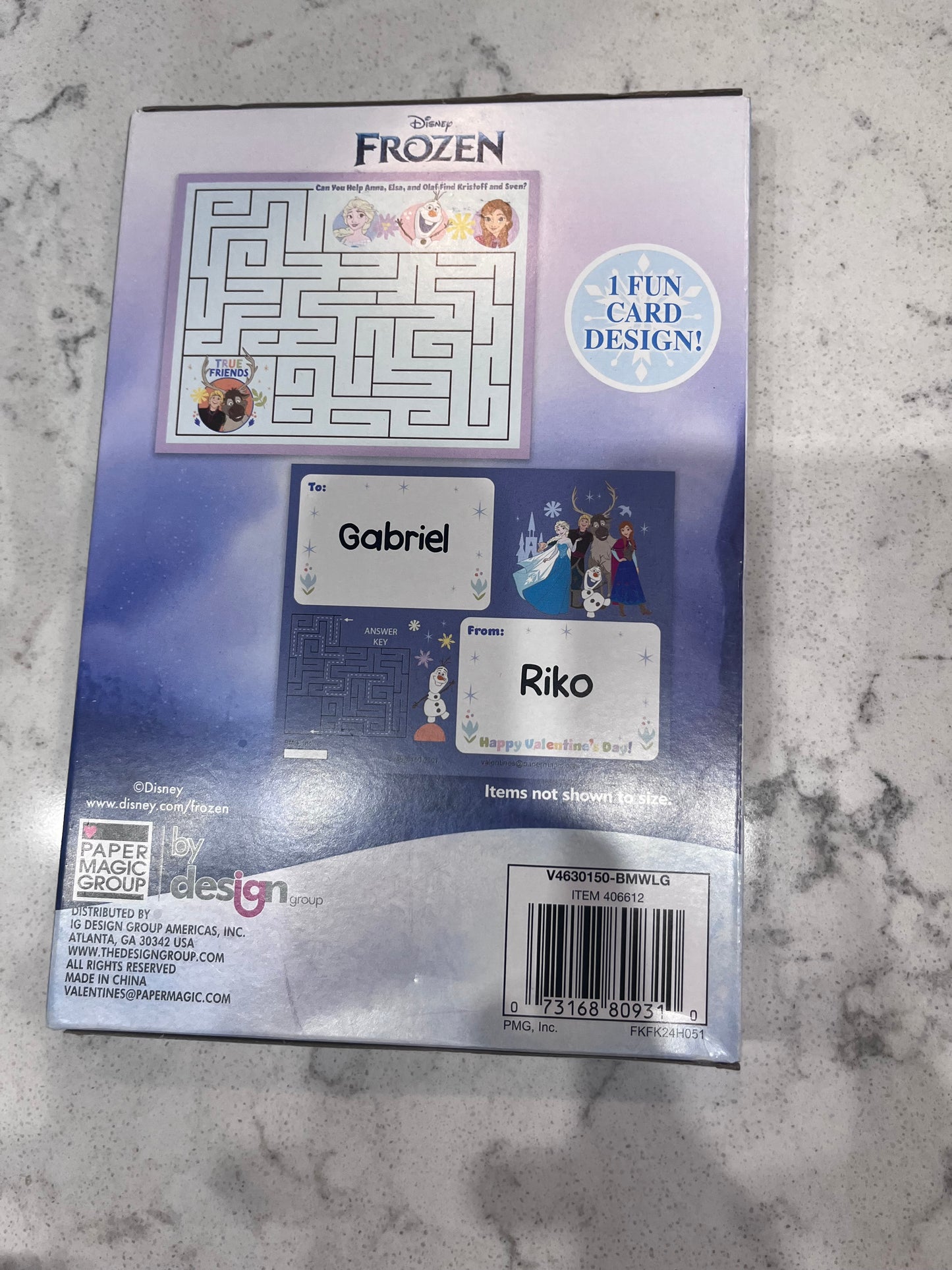 Brand New Cards (Box of 24) Maze Valentines Disney Frozen