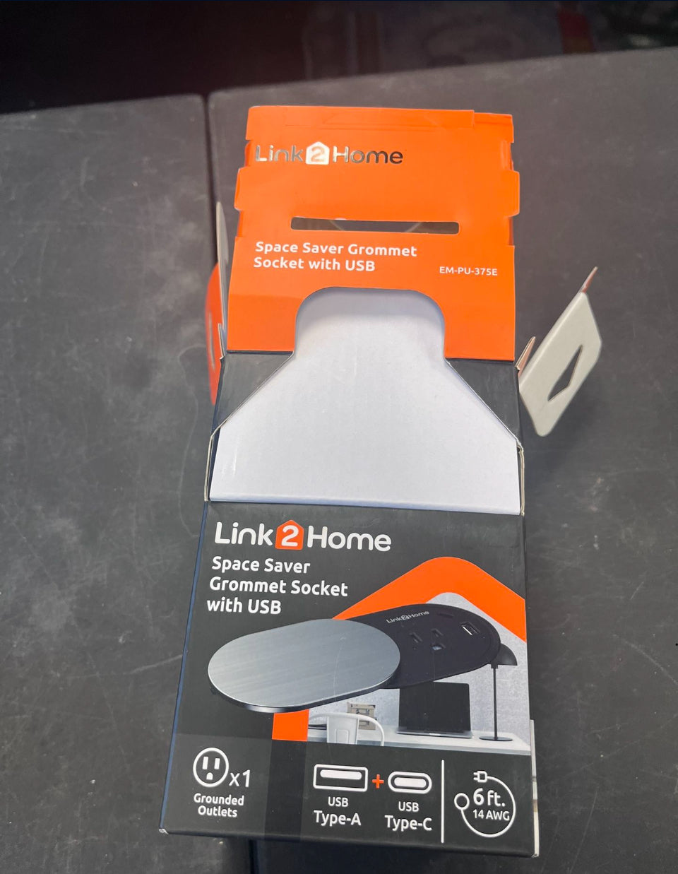 Open Box Link2Home 1-Power-Outlet Space Saver Grommet Socket USB A/C Port 3.1 Amp Splash Resistant in Stainless-Steel, Overload Protection