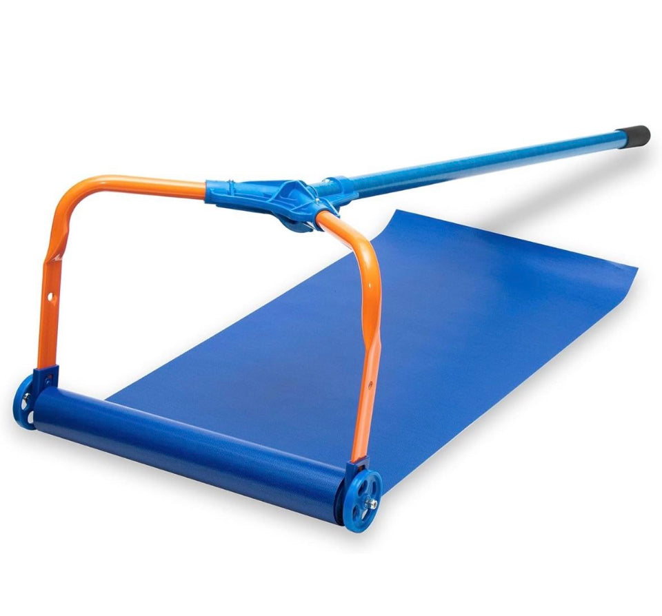 Heavy-duty blue and orange snow roof rake with built-in wheels and a wide slide for easy snow removal.
