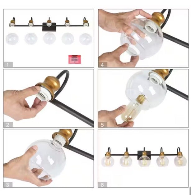 OPEN BOX NEW LNC Modern 35.5 in. 5-Light Aged Brass Vanity Light with Black Linear Frame and Clear Glass Globes