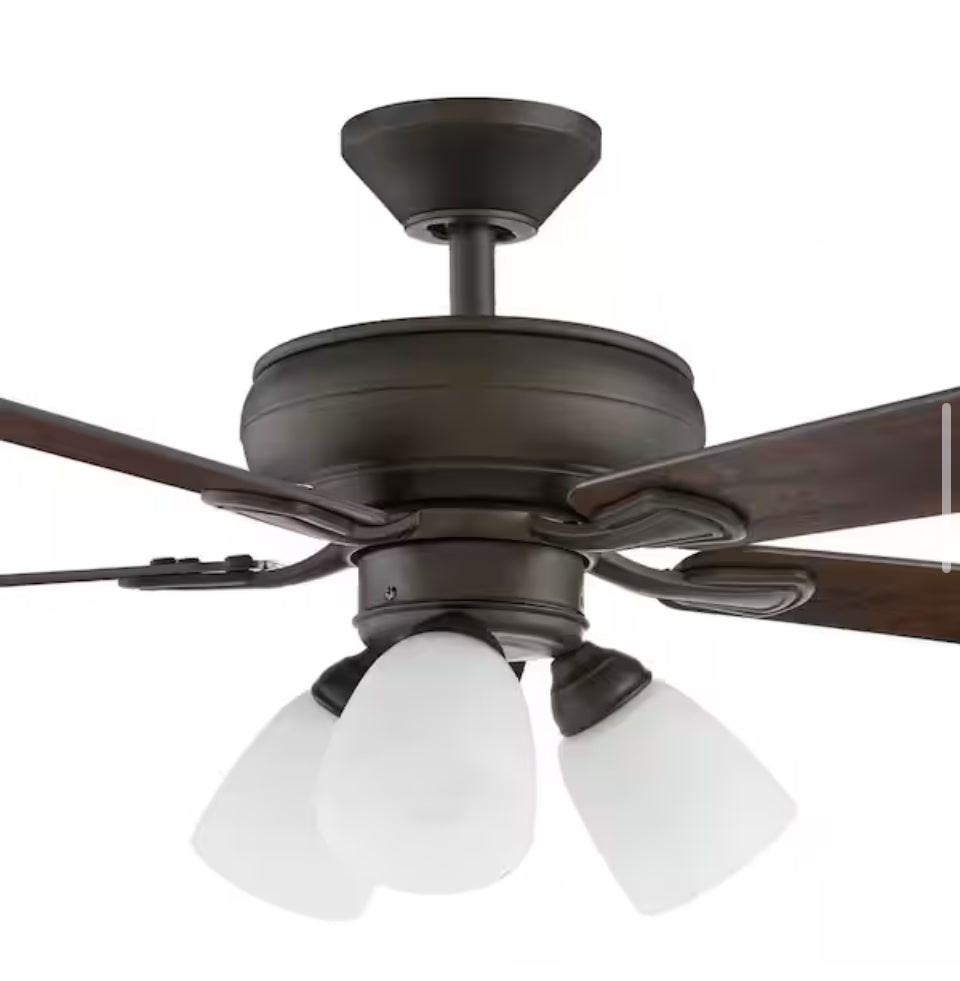 Open Box Hampton Bay Riley 44 in. Indoor LED Bronze Dry Rated Downrod Ceiling Fan with 5 Reversible Blades, Light Kit and Remote Control