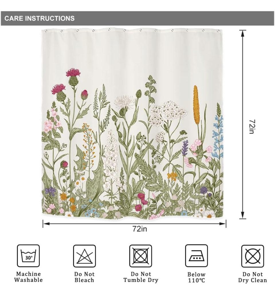 USED Riyidecor Wildflower Botanical Shower Curtain for Bathroom Decor 72Wx72H Inch Floral Flower Plant Herbs Sage Green Leaves Decorative Bath Set Bathroom Accessories Fabric Waterproof 12 Pack Hooks