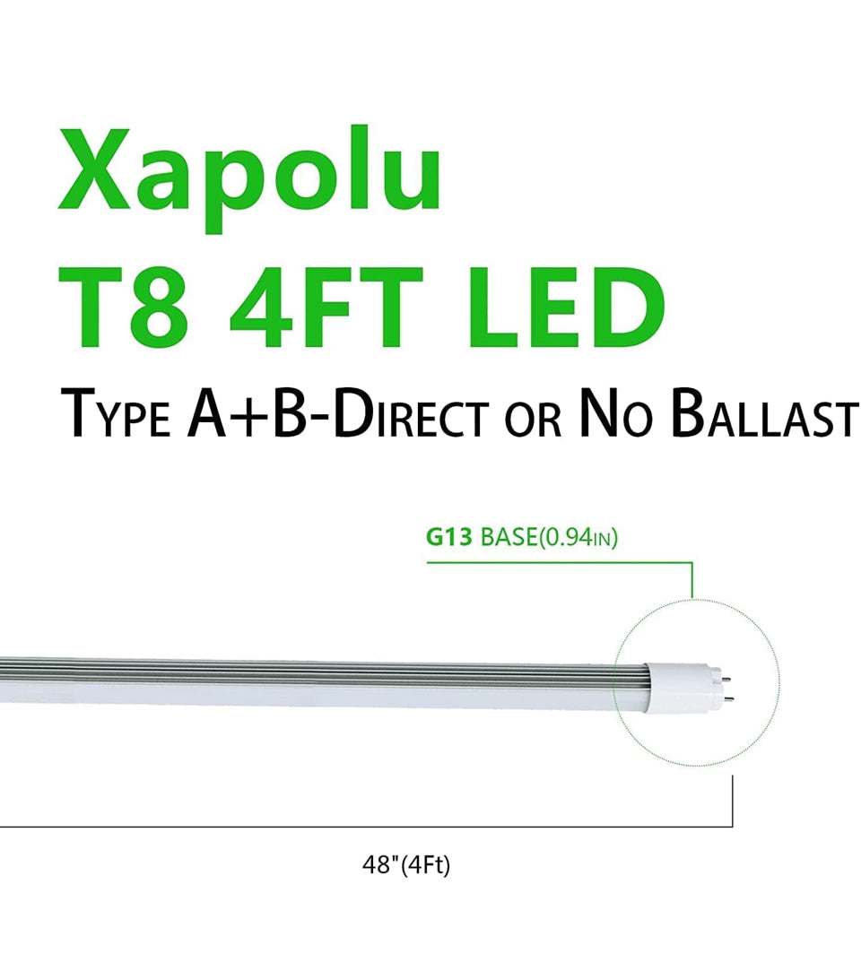 Open Box Xapolu 4FT 48 Inch LED Replacement for Fluorescent Tube Light, Dual Ended F32T8/F40T12 Bulb,
18W 5000K 2520lm, Ballast Compatible or Bypass, 1-10V Dimmable, DLC&UL Listed, Type
A+B-2 Pack