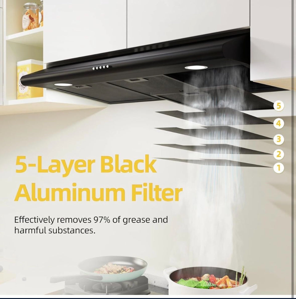 Open Box FIREGAS 36 Inch Black Under Cabinet Range Hood, 200 CFM Ducted/Ductless Convertible Kitchen Hood with 3-Speed Stove Vent Fan, LED Lights, Alu