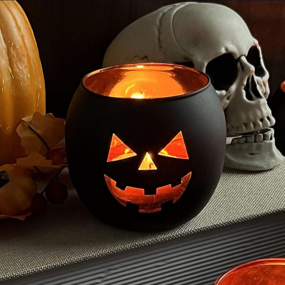 Open Box New SHMILMH Halloween Table Decor Set of 6, Jack O Lanterns Black Glass Votive Tealight Candle Holders, Halloween Decorations Indoor Party Ma
