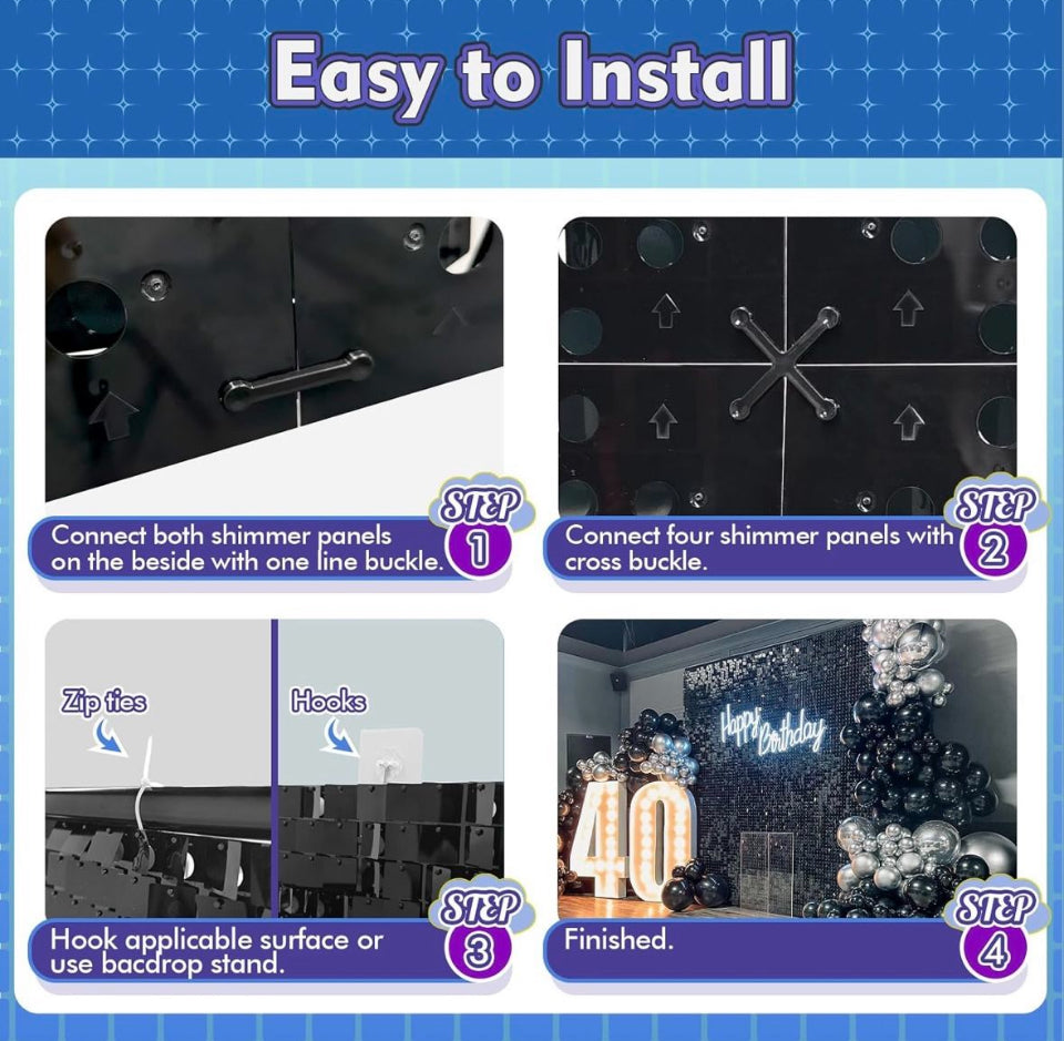 Open box QCITY Rainbow Blue Shimmer Wall Backdrop 30PCS, Black Back Not See-Through Design, Square Sequin Glitter Backdrop Panel, Perfect for Outdoor