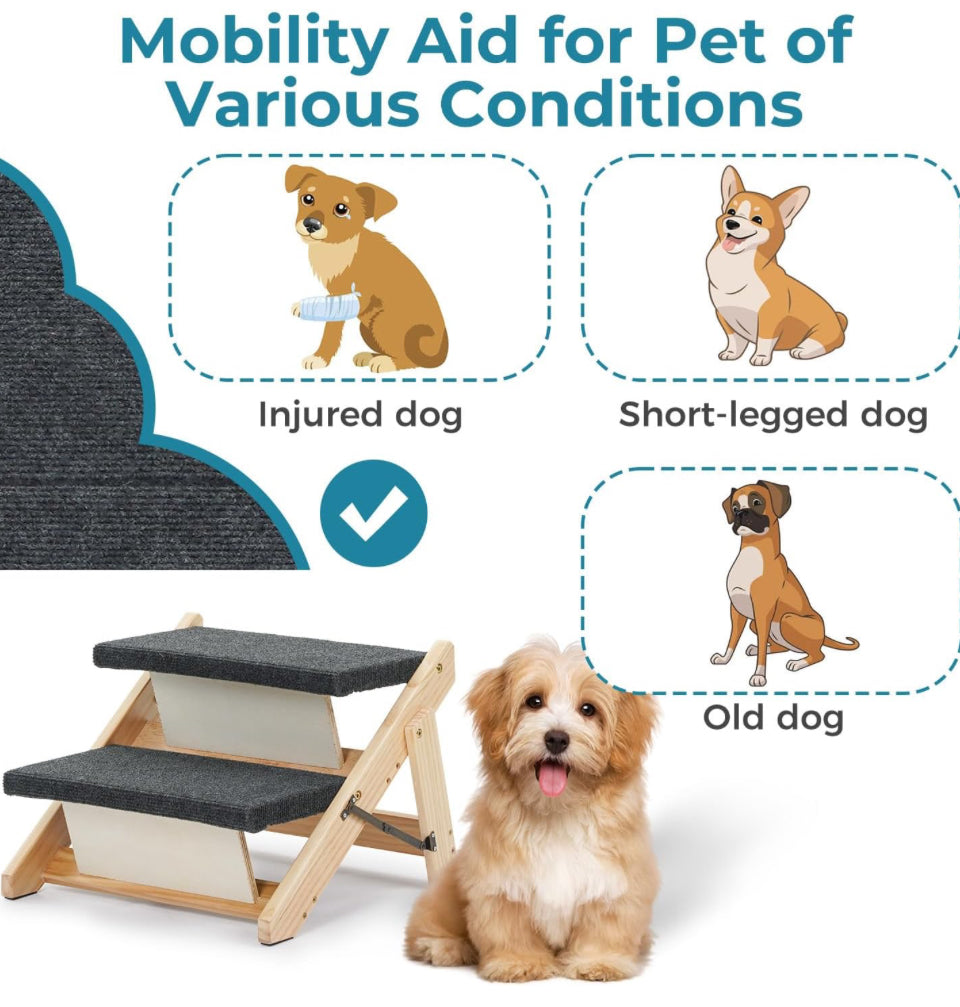 MEWANG Wood Pet Stairs/Pet Steps - Foldable 2 Levels Dog Stairs & Ramp Perfect for Beds and Cars - Portable Dog/Cat Ladder Up to 110 Pounds