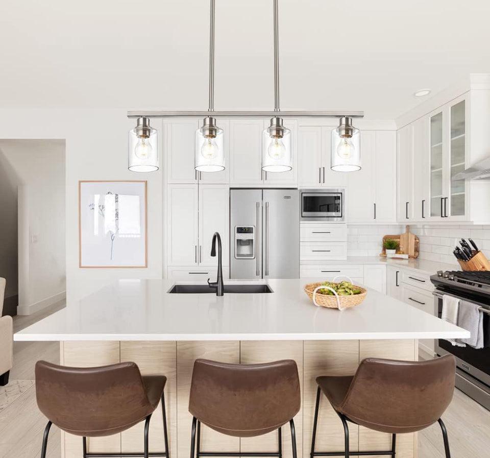 VINLUZ 4 Light Kitchen Island Hanging Lights Industrial Brushed Nickel Dining Room Light Fixture with Clear Glass Shade Farmhouse Chandelier for Livin - Selzalot
