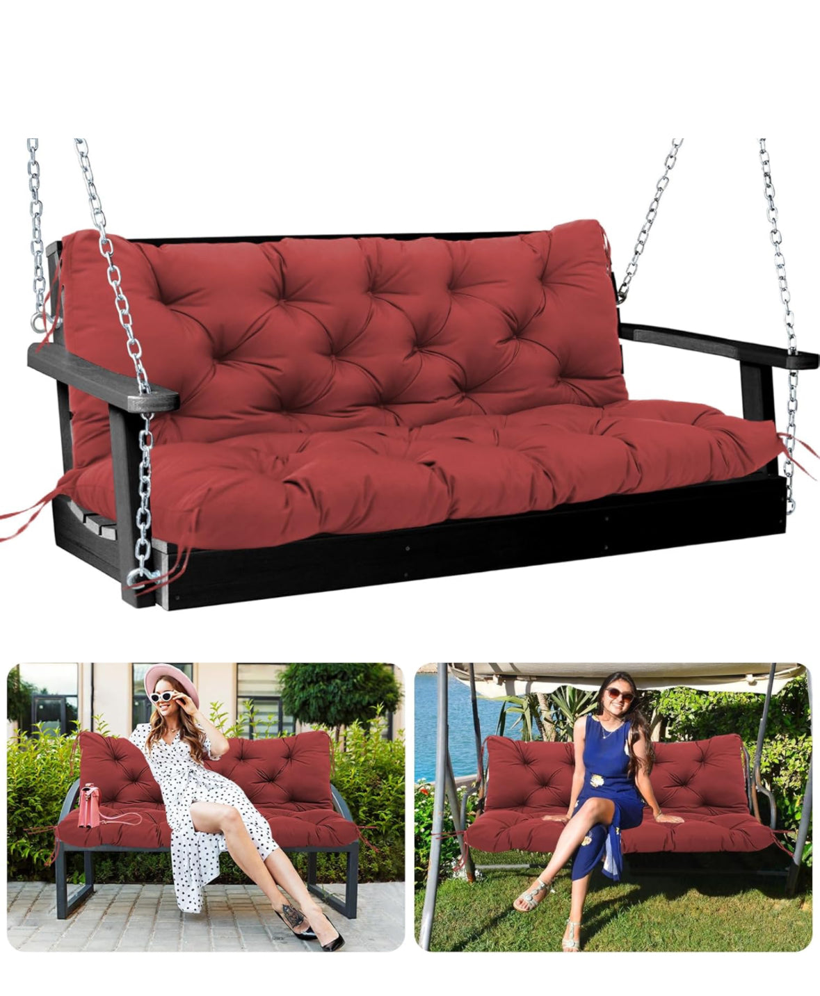 Outdoor porch swing cushions with backrest in wine red, waterproof with ties, 3-seater for garden patio.
