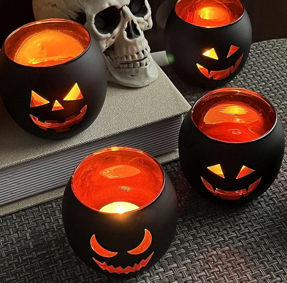 Open Box New SHMILMH Halloween Table Decor Set of 6, Jack O Lanterns Black Glass Votive Tealight Candle Holders, Halloween Decorations Indoor Party Ma