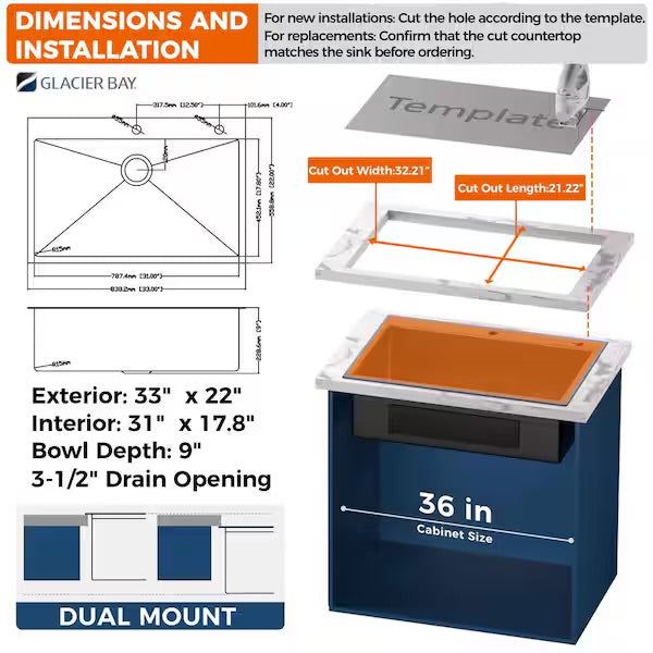 Open Box Glacier Bay 33 in. Drop-In Single Bowl 18 Gauge Gunmetal Black Stainless Steel Kitchen Sink