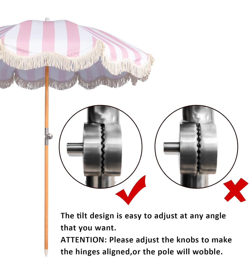 Open Box Funsite 6.5ft Boho Beach Umbrella with Fringe, UPF 50+ Tassel Umbrellas with Carry Bag, Premium Wood Pole Foldable Patio Umbrella for Outdoor