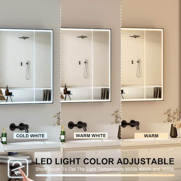 Open Box FORCLOVER 30 in. W x 30 in. H Rectangular Black Aluminum Recessed/Surface Mount LED Medicine Cabinet with Mirror,Outlet,Soft Close