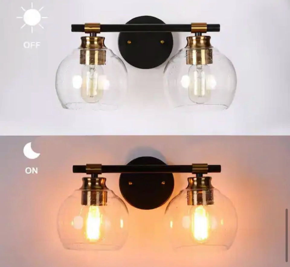 Open Box Zevniv14 in. 2-Light Modern Black Bathroom Vanity Light, Rustic Vintage Brass Vanity Light, Globe Seeded Glass Wall Sconce