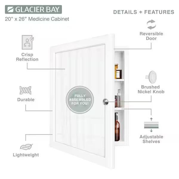 Open Box Glacier Bay 20 in. W x 26 in. HRectangular Framed Recessed or Surface-Mount Bathroom Medicine Cabinet with Mirror, White