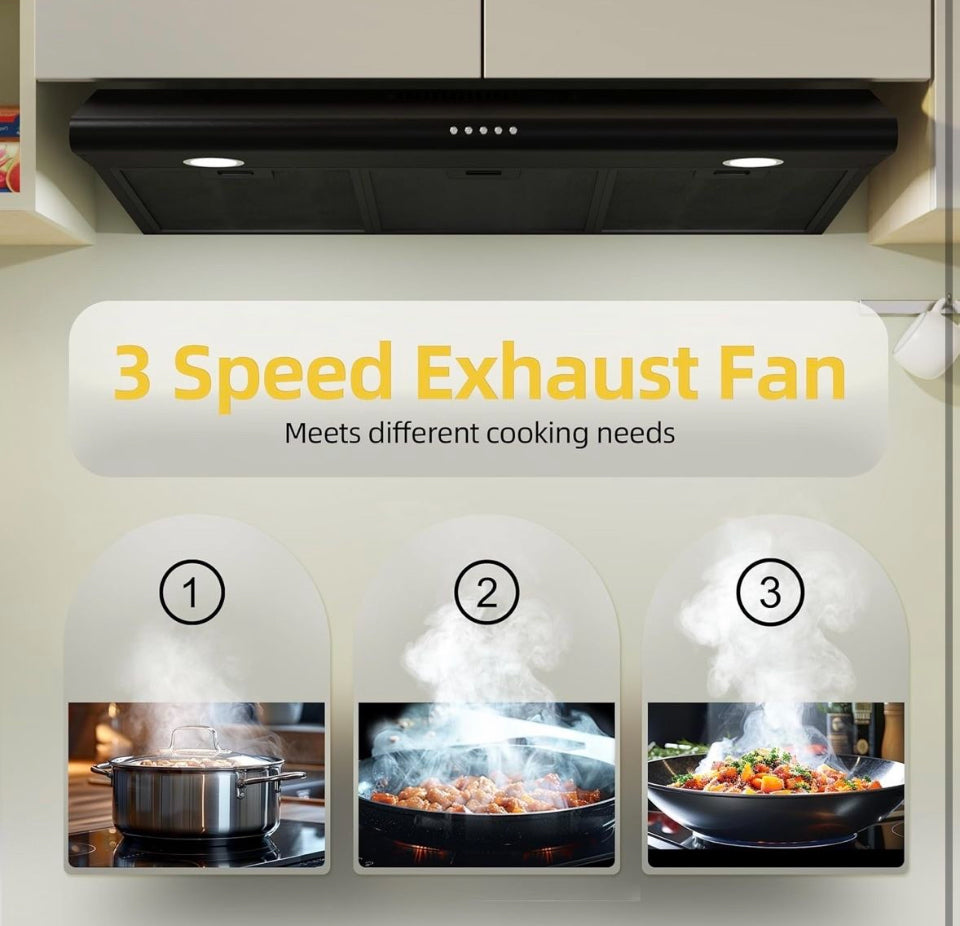 Open Box FIREGAS 36 Inch Black Under Cabinet Range Hood, 200 CFM Ducted/Ductless Convertible Kitchen Hood with 3-Speed Stove Vent Fan, LED Lights, Alu