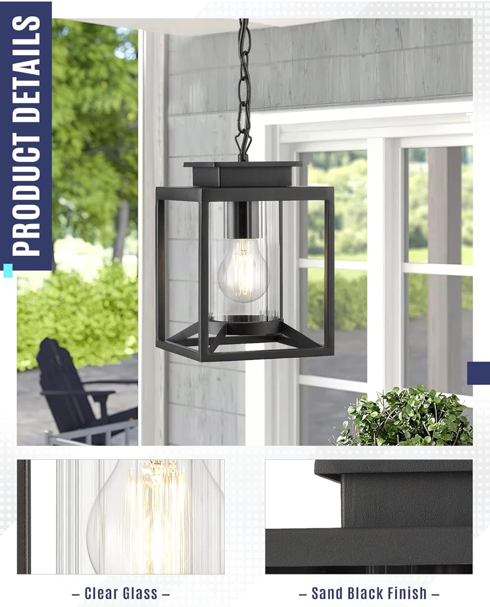 Brand New Osimir Outdoor Pendant Light for Porch, 1-Light Black Hanging Porch Light Modern Exterior Hanging Lantern with Cylinder Glass and Adjustable Chain for Gazebo, 2353/1H