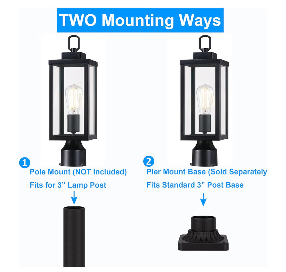 Open Box New YAOKUEM Outdoor Post Light, Pole Lantern, E26 Base 60W Max, Metal Housing Plus Glass, Wet Location Rated, Bulbs not Included, Matte Black
