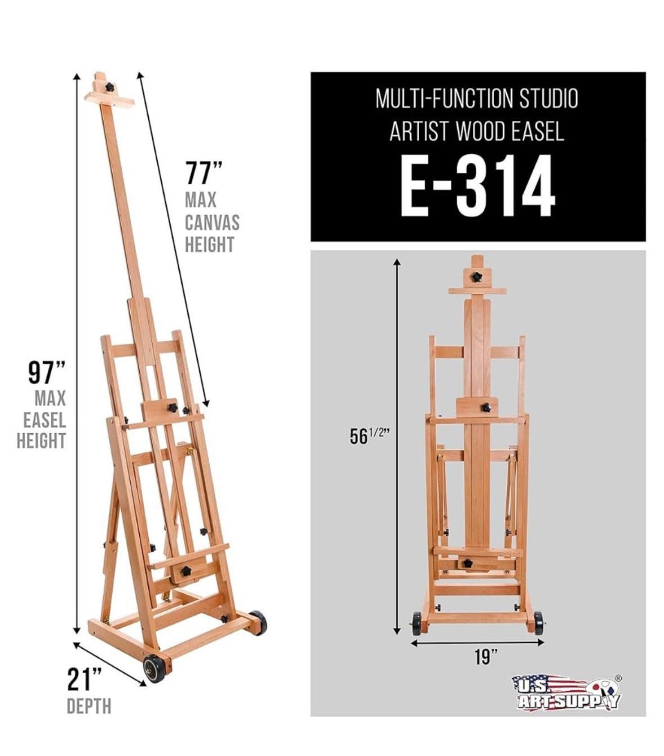 Open Box U.S. Art Supply Mastel Multi-Function Studio Artist Wooden Floor Easel - Large Adjustable H-Frame, Tilts Flat, Mast Adjusts to 97" High - Stu