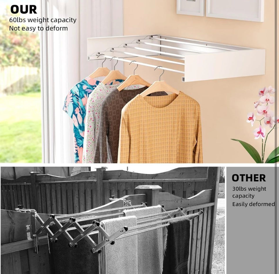 Open box ZMBESUP Laundry Drying Rack Collapsible, Wall Mounted, Clothes Drying Rack, 31.5" Wide, 13.2 Linear Ft, 5 Aluminum Rods, 60 lb Capacity, Laun