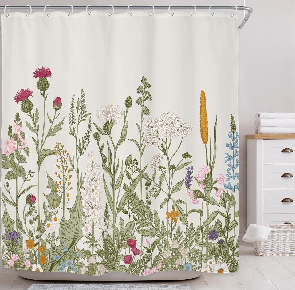 USED Riyidecor Wildflower Botanical Shower Curtain for Bathroom Decor 72Wx72H Inch Floral Flower Plant Herbs Sage Green Leaves Decorative Bath Set Bathroom Accessories Fabric Waterproof 12 Pack Hooks