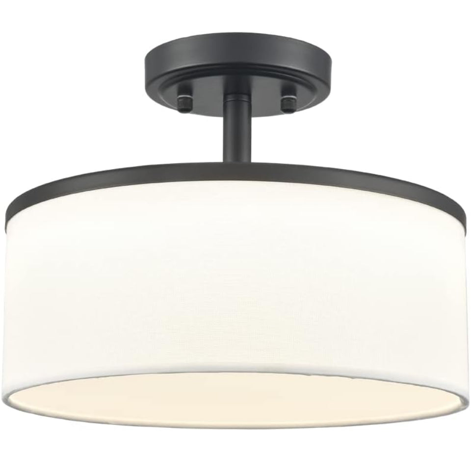 Deynite Modern LED black semi-flush mount ceiling light fixture with adjustable dimmable white fabric shade
