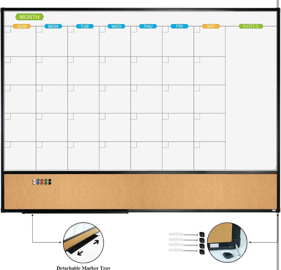 JILoffice Magnetic Calendar Whiteboard & Bulletin Corkboard Combination, Combo Board 48 × 36 Inch, Black Aluminum Frame Wall Mounted Board for Office Home and School with 10 Push Pins