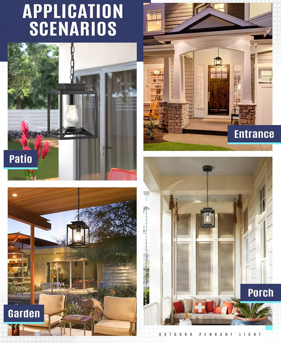Brand New Osimir Outdoor Pendant Light for Porch, 1-Light Black Hanging Porch Light Modern Exterior Hanging Lantern with Cylinder Glass and Adjustable Chain for Gazebo, 2353/1H