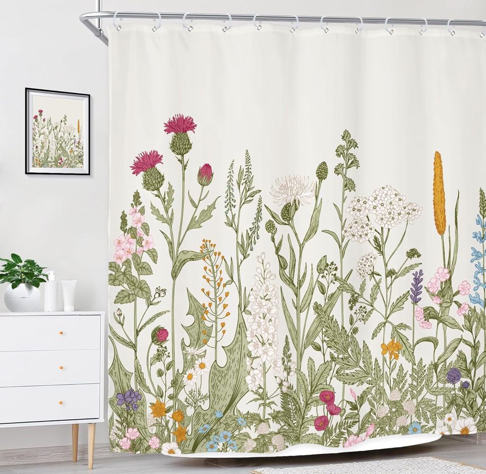 USED Riyidecor Wildflower Botanical Shower Curtain for Bathroom Decor 72Wx72H Inch Floral Flower Plant Herbs Sage Green Leaves Decorative Bath Set Bathroom Accessories Fabric Waterproof 12 Pack Hooks