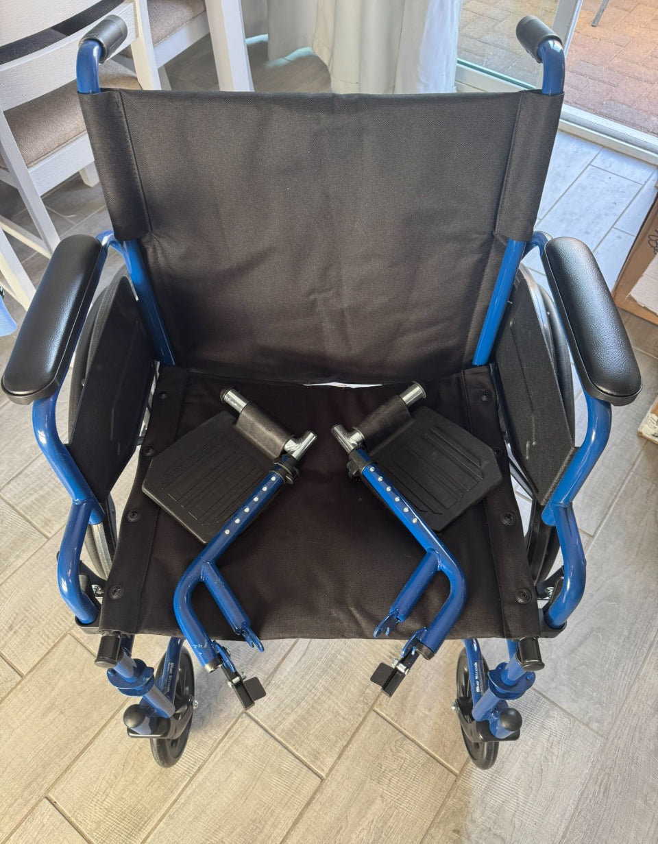 Open box new Drive Medical Blue Streak Wheelchair with Flip Back Desk Arms, Swing Away Footrests,FoldingDesk Length Arms, Alloy Steel, 20 Inch Seat
