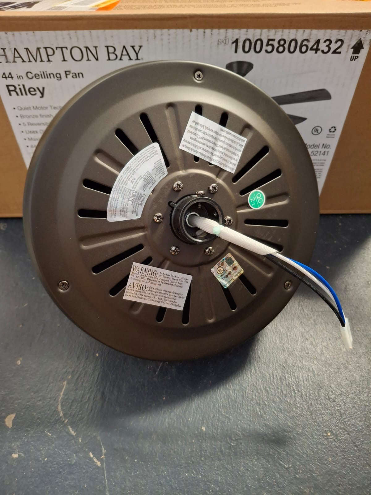 Open Box Hampton Bay Riley 44 in. Indoor LED Bronze Dry Rated Downrod Ceiling Fan with 5 Reversible Blades, Light Kit and Remote Control