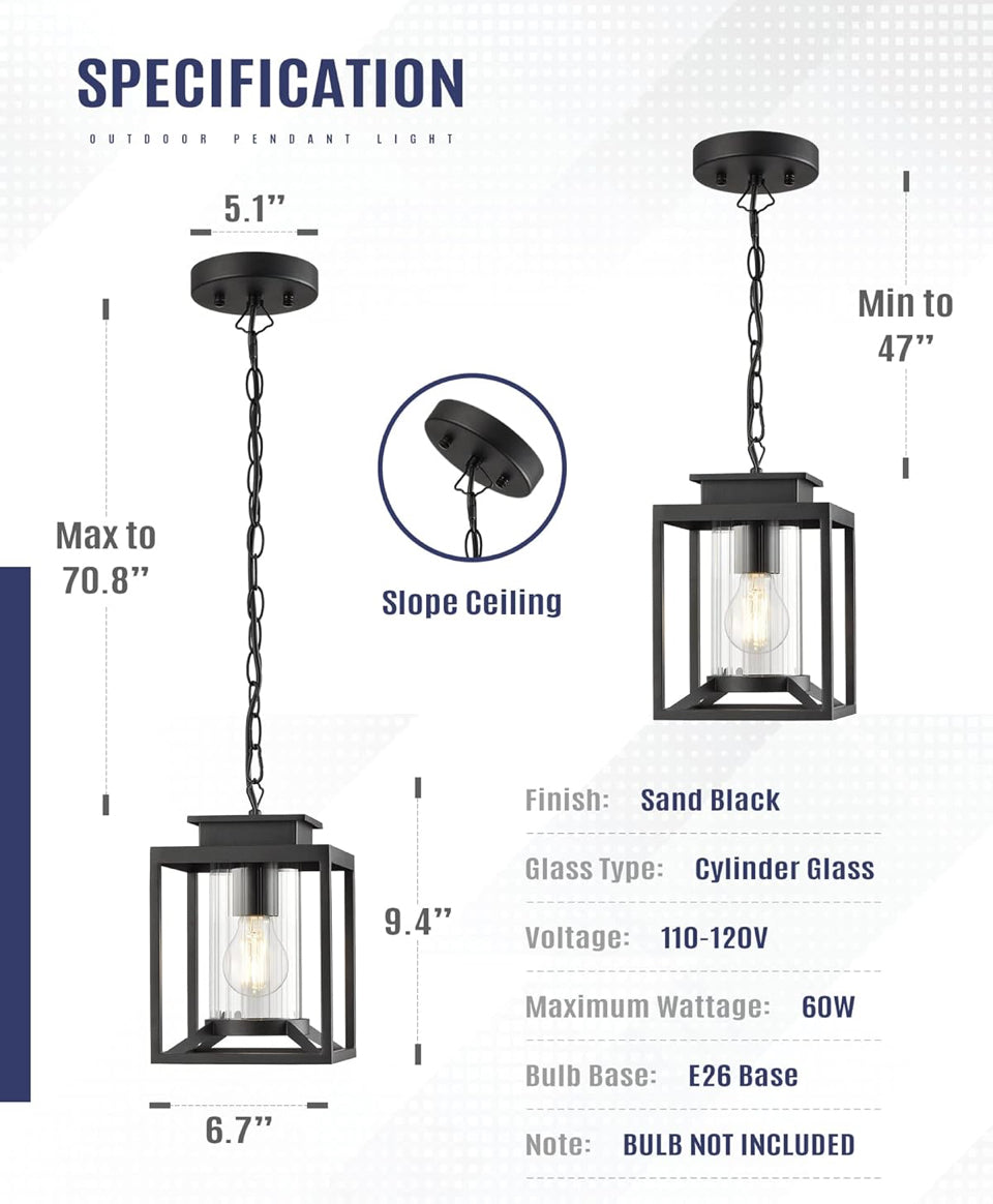 Brand New Osimir Outdoor Pendant Light for Porch, 1-Light Black Hanging Porch Light Modern Exterior Hanging Lantern with Cylinder Glass and Adjustable Chain for Gazebo, 2353/1H