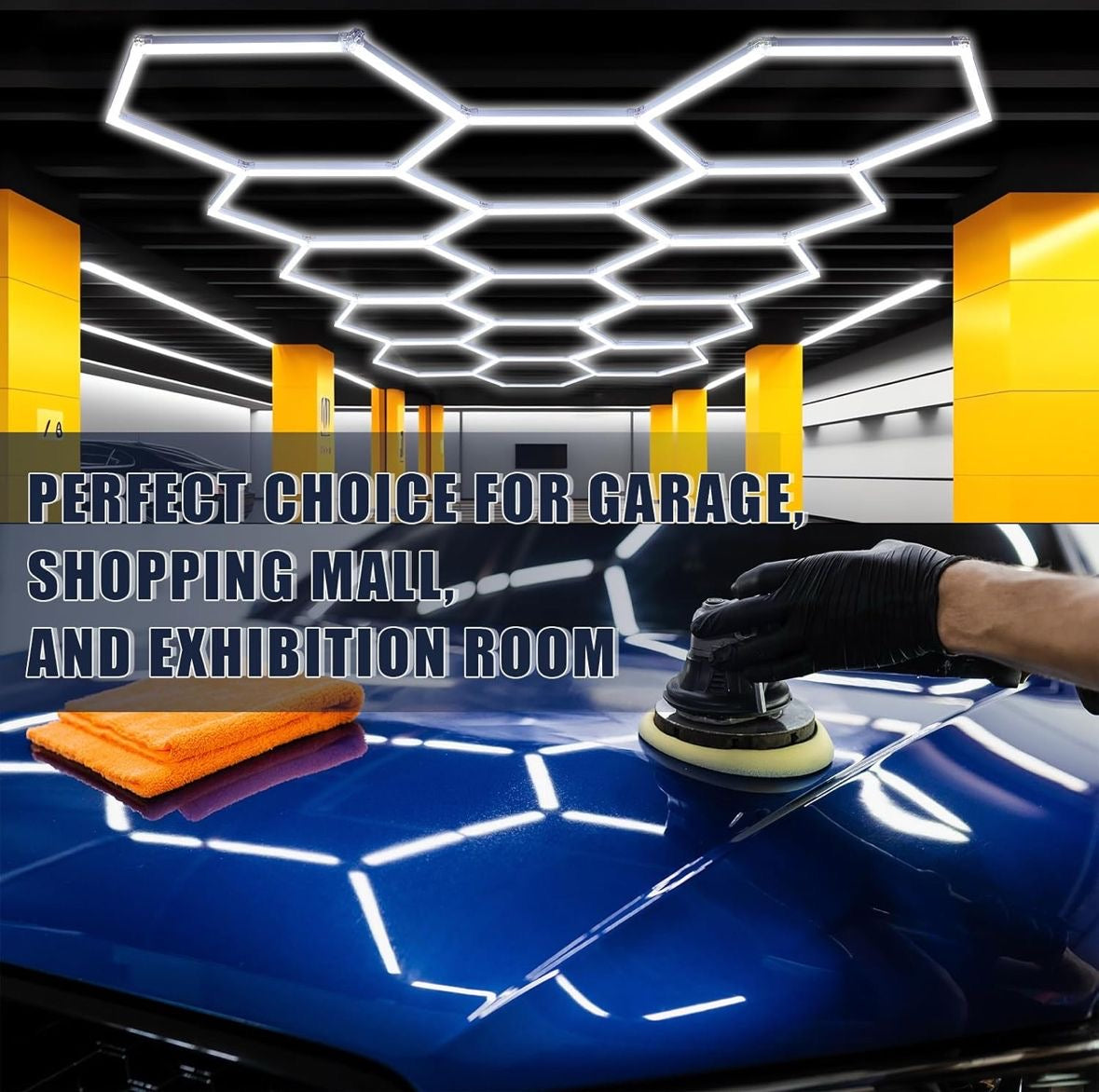 Open Box Baquler 15 Hexagon LED Garage Light System Honeycomb LED Shop Lights with White Border for Garage Workshop Car Detailing Shop Exhibition Hall