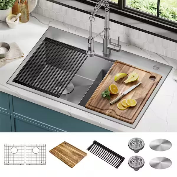 Open Box KRAUS Loften 33 in. Drop-In/Undermount Double Bowl 18 Gauge Stainless Steel Kitchen Workstation Sink with Accessories
