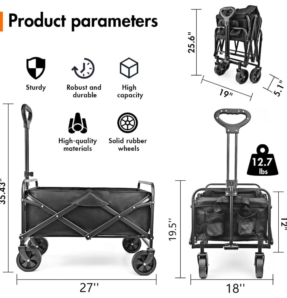 Open Box NEOTEC Collapsible-Folding-Wagon - Wagon Cart Heavy Duty Foldable Outdoor Utility with Silent Universal Wheels, Adjustable Handle for Camping