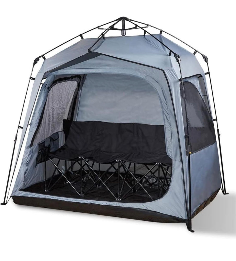 Used FOFANA MultiPod pop-up all-weather sports tent with seating for four, gray and black round design