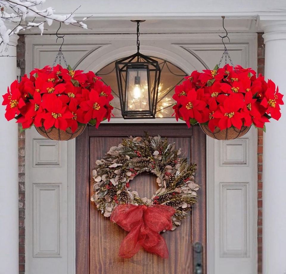 Open Box Ammyoo Artificial Christmas Poinsettia Flowers Hanging Basket for Outdoor Decoration, Fake Silk Christmas Flowers Plant Pot Planter for Garde