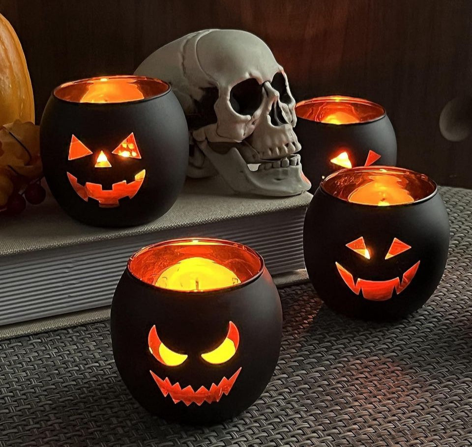 Open Box New SHMILMH Halloween Table Decor Set of 6, Jack O Lanterns Black Glass Votive Tealight Candle Holders, Halloween Decorations Indoor Party Ma