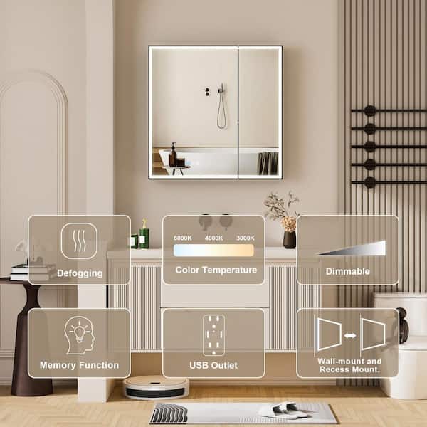 Open Box FORCLOVER 30 in. W x 30 in. H Rectangular Black Aluminum Recessed/Surface Mount LED Medicine Cabinet with Mirror,Outlet,Soft Close