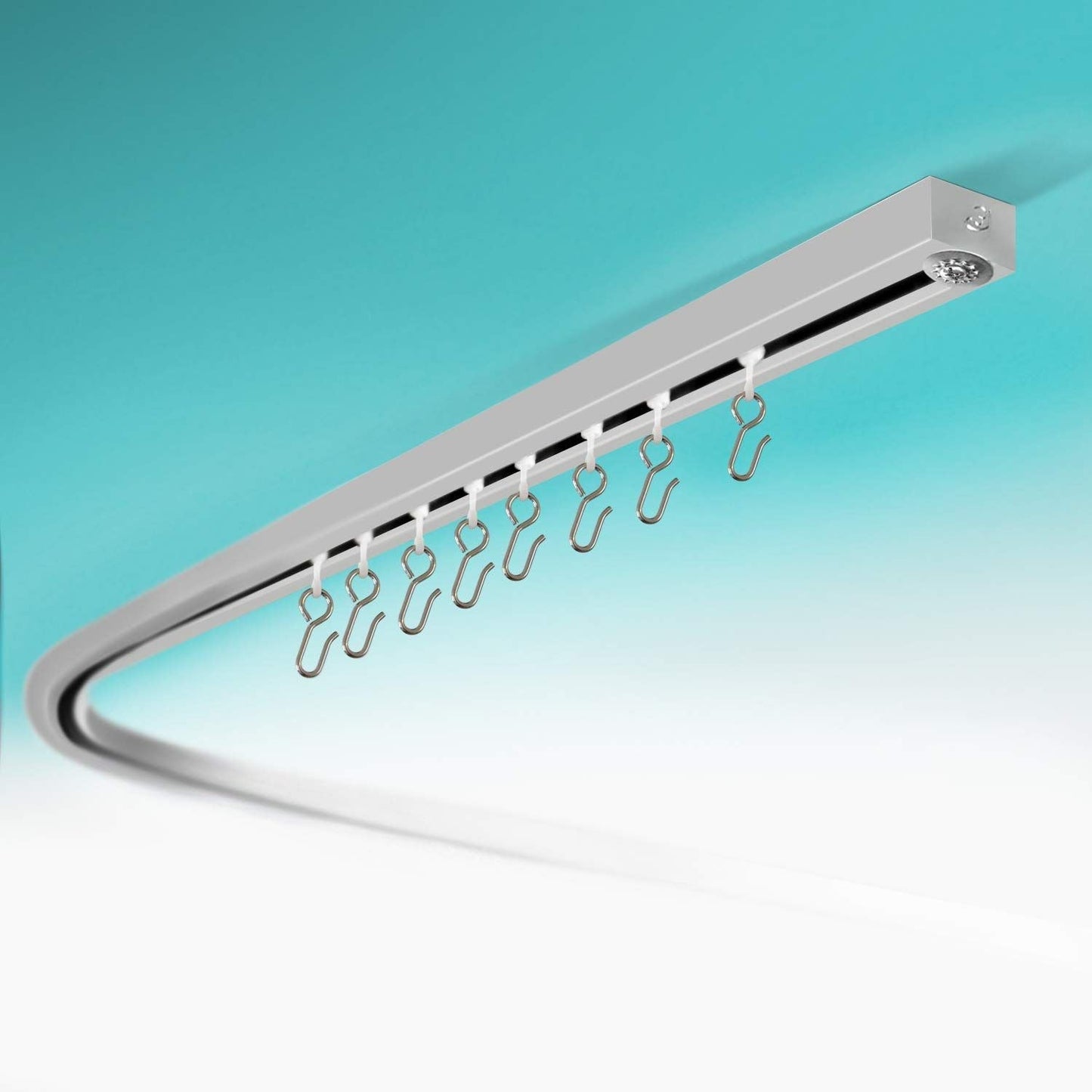 Room Dividers Now Corner Ceiling Track Set for Curtains with Hooks in Silver, 90 Degree Angle, shown with roller hooks.