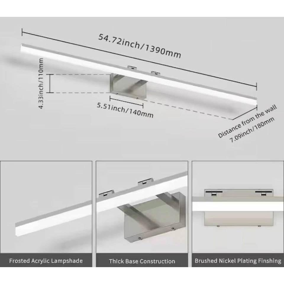 Jusheng 54.72 in. 1 Light Nickel Bathroom LED Vanity Light Bar with Dimmable 5500K Light