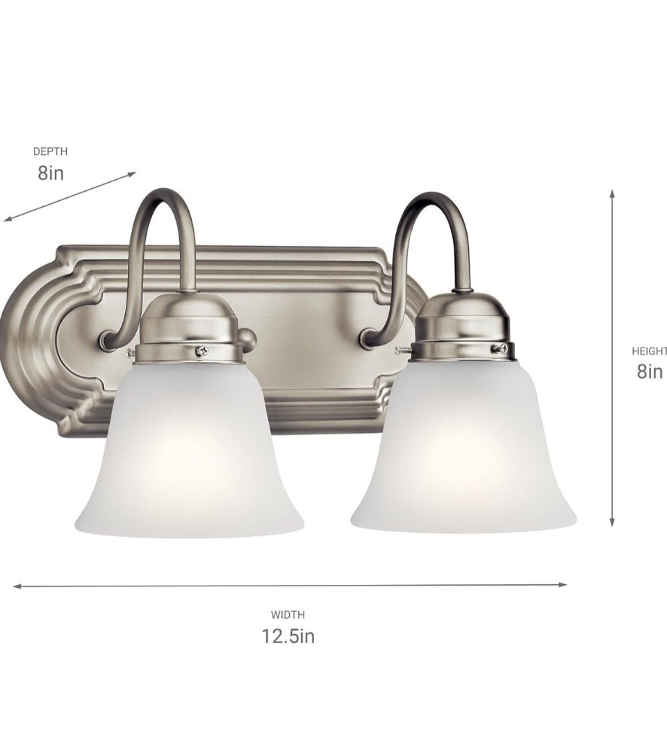 Kichler 12.25" 2-Light Vanity Bath Light in Brushed Nickel, Modern Bathroom Light with Clear Satin Etched Glass, (12.25" W x 8" H), 5336NIS